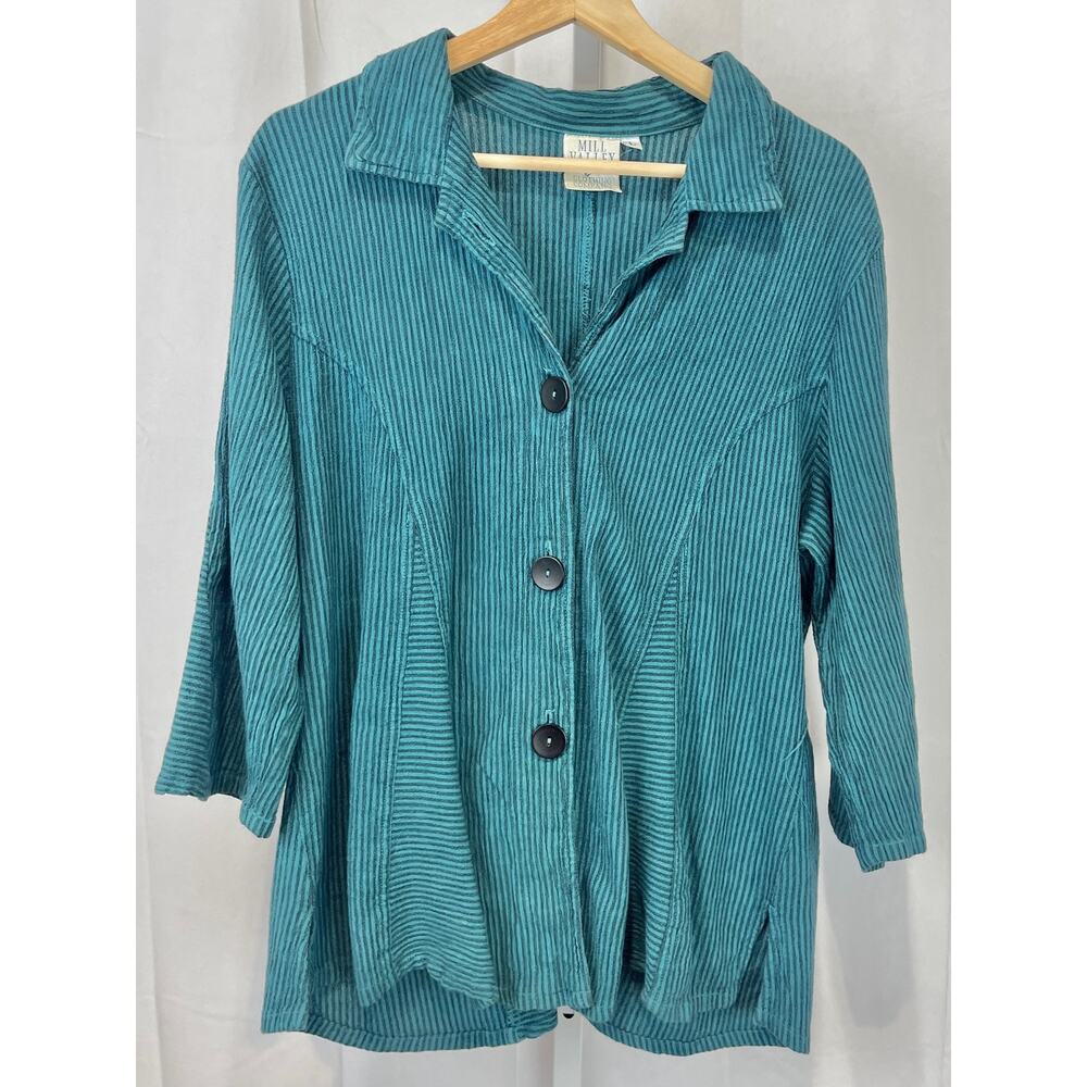MILL VALLEY Clothing Co Trumpet Shirt Button Up 3/4 Sleeve Cotton Linen Green L